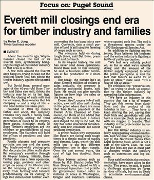 Newspaper clipping with the headline Everett Mill Closings End Era for Timber Industry and Families.